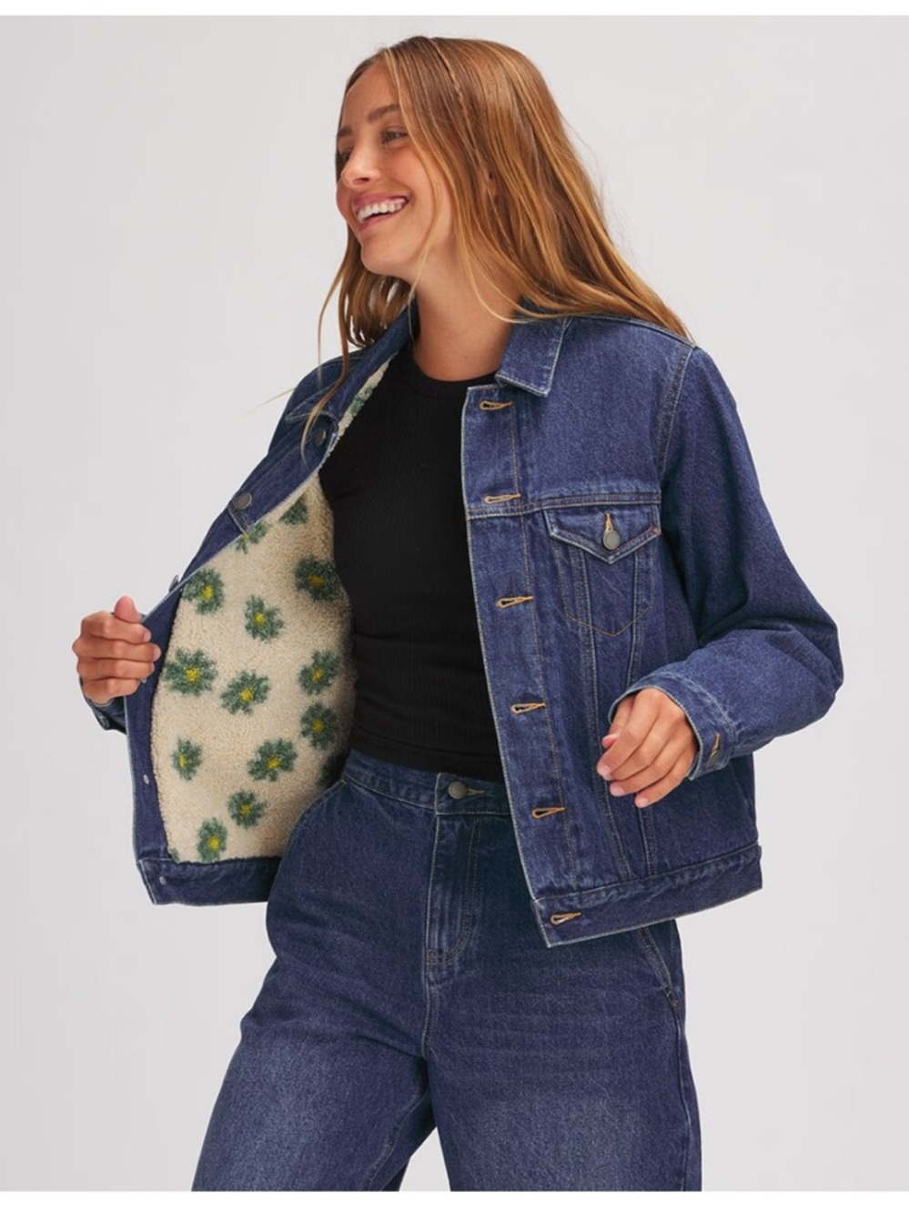 Denim Trucker Jacket with Floral Sherpa Lining